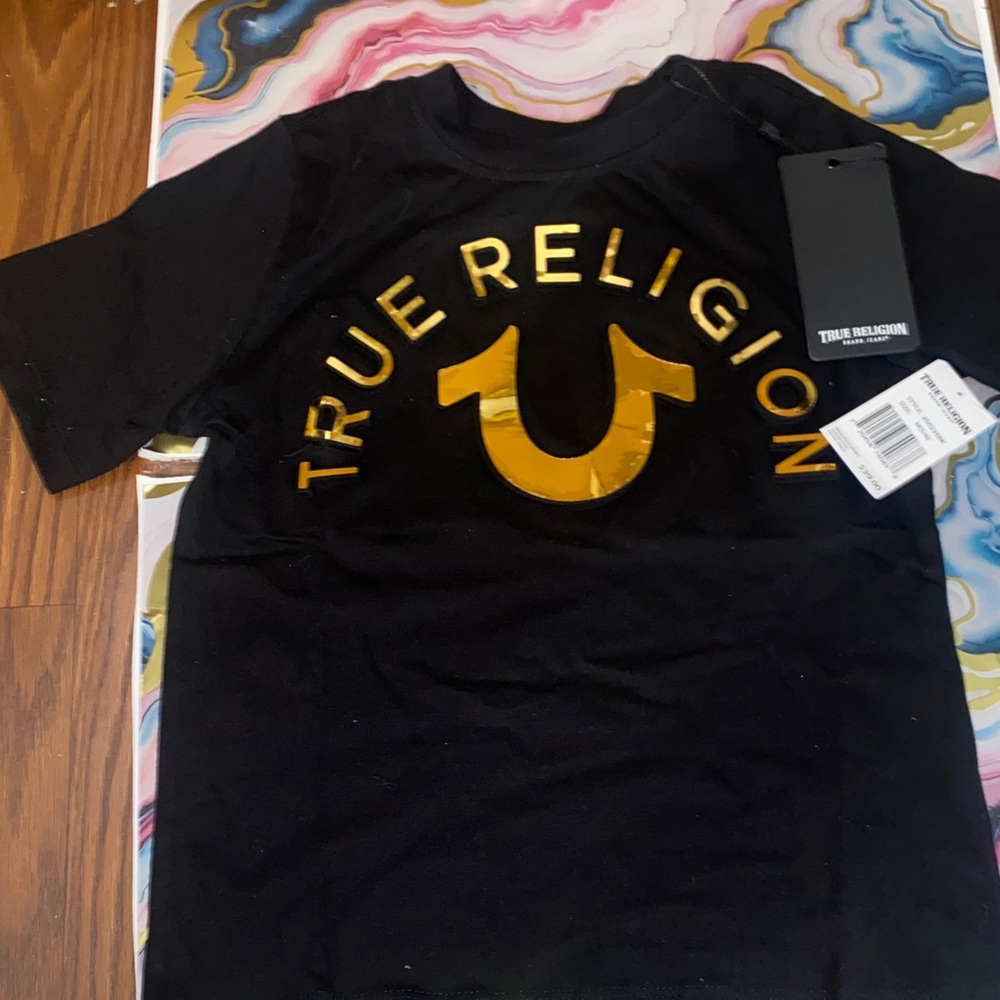 2 tshirts True Religion Black Tee with Gold Emblem and white tee